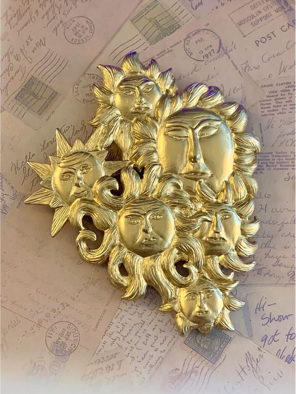 Vintage Celestial Sun Faces Cluster Brooch Pin